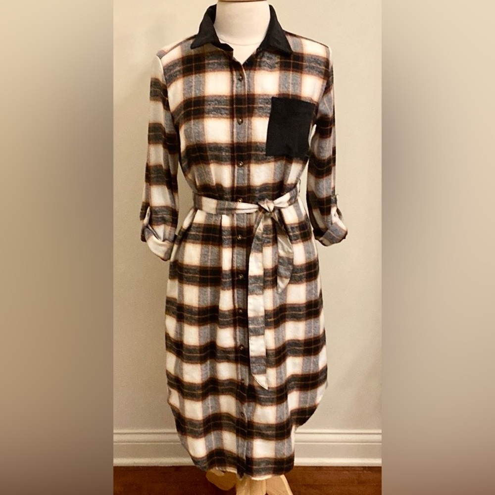 Madison + Hudson Brown Cream Plaid Flannel S Western Cabincore Boho Shirt Dress